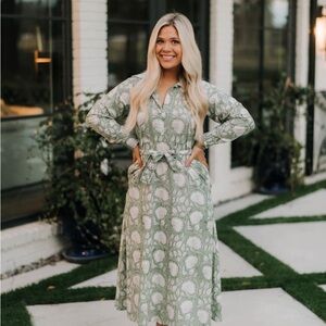 Marea green midi shirt dress with self tie